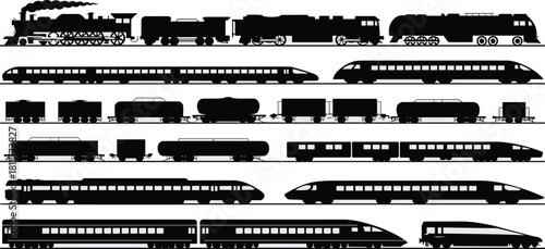 Silhouette of trains, steam locomotives, diesel engines, passenger railcars, freight wagons, high-speed trains, black and white illustration, railway evolution, transport design