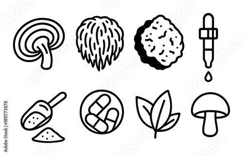 Herbal and natural remedies: mushrooms, herbs, supplements, essential oils icons