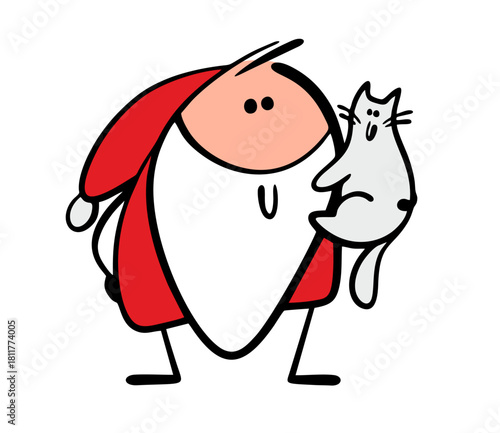 Cute couple, Santa Claus and pet. Vector illustration of a cartoon old man rescuing a stray cat on Christmas Day. Best friends, stickman and kitty.