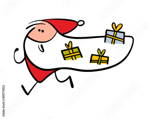 Cute cheerful Santa Claus is running, a white beard is developing, gift boxes are sticking out. Vector illustration of a fairy-tale character rushing to the New Year or Christmas Eve for a holiday.