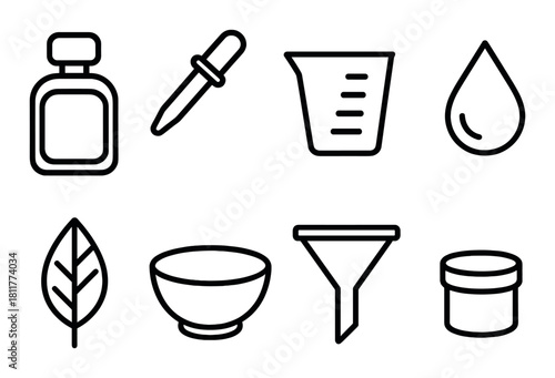 Minimalist icon set: bottle, dropper, beaker, drop, leaf, bowl, funnel, jar