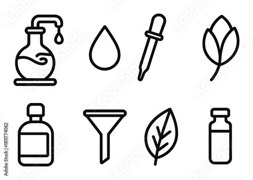 Set of black line icons for essential oil extraction and aromatherapy elements