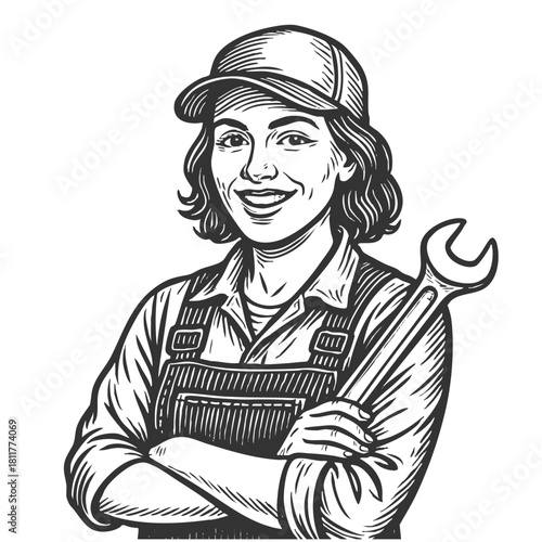 cheerful female mechanic in uniform and cap, symbolizing skilled labor and craftsmanship sketch engraving generative ai fictional character vector illustration. Scratch board. Black and white image.