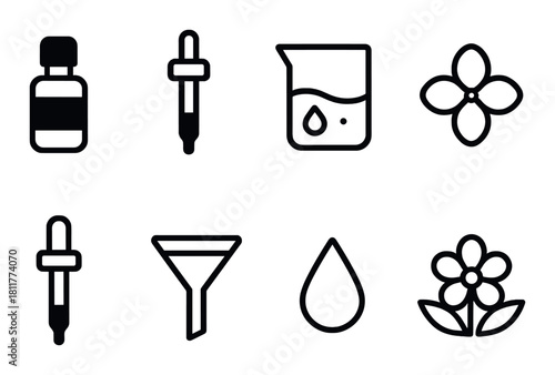 Essential oils and chemistry icons with dropper and floral designs