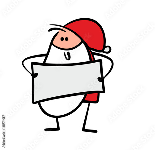 Funny Santa Claus holds a sign for the text. A vector illustration of a fairy-tale character draws attention to important information.