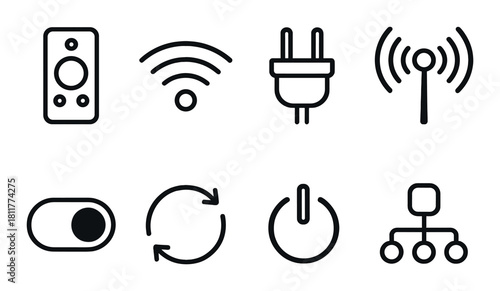 Technology icons set featuring power button wifi plug and signal symbols