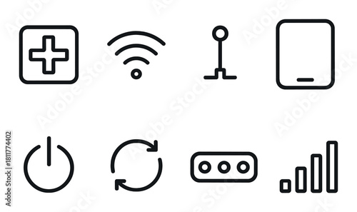 Black background with technology icons featuring power, wifi, tablet, sync, and signal