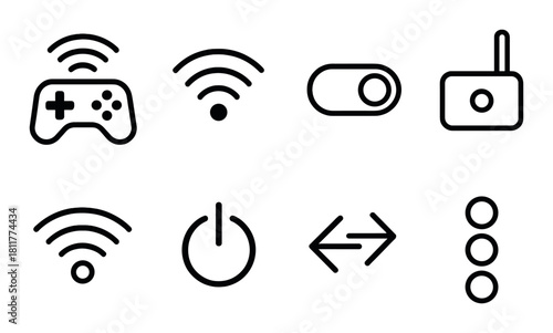 Black icon set: wireless controller, wi-fi, power, switch, router, signal, connection symbols