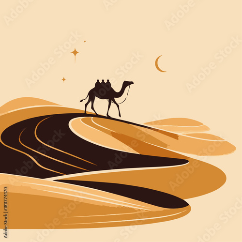 Flat camel caravan walking across dunes