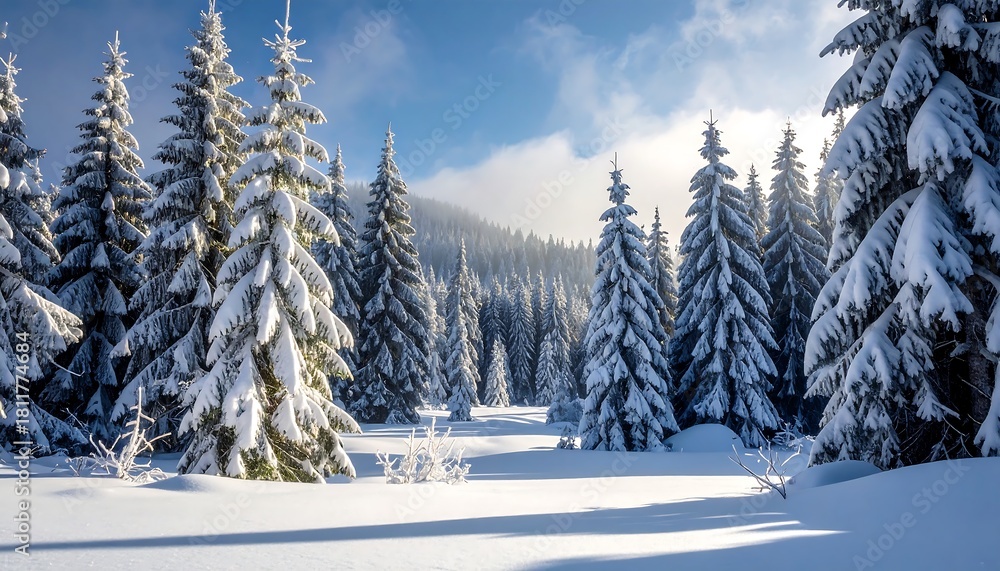 Naklejka premium Winter forest scene with snow-covered evergreen trees. A sunny blue sky shines through the trees creating a bright, cold landscape