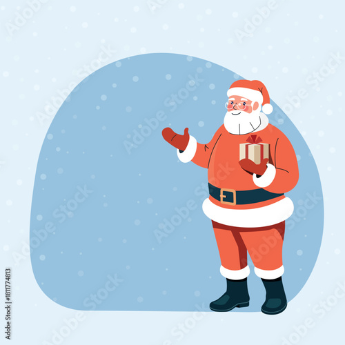 Santa Claus with gift box point up at good deal and advices use this copy space. Vector flat illustration