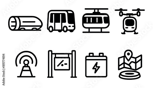 Black icons of transportation vehicles and infrastructure on dark background