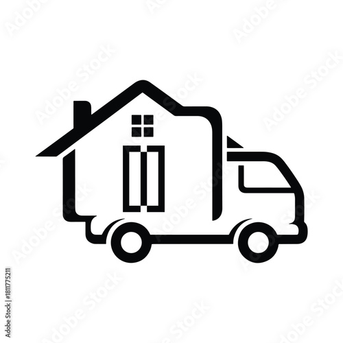 Black house shaped truck logo with windows and chimney moving transport