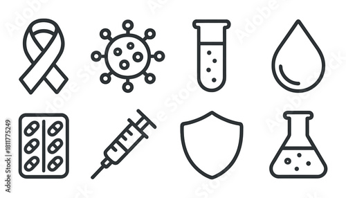 Medical icon set featuring vaccine, test tube, and virus symbols on dark background