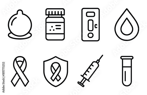 Essential hiv prevention and treatment icons: condom, medication, test kit, blood drop, ribbon, shield, syringe, test tube