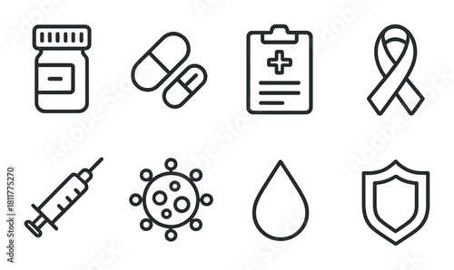 Medical icons set featuring pills, syringe, virus, ribbon, and shield symbols