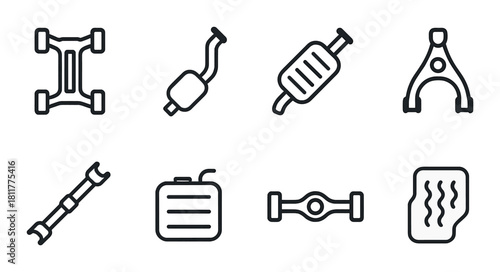 Car parts icons: exhaust, chassis, muffler, suspension, wrench, fuel can