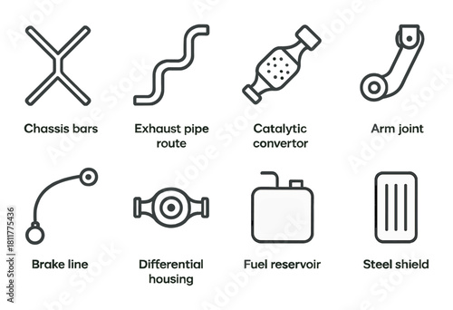 Automotive component icons: chassis, exhaust, catalytic, arm, brake, differential, fuel, shield