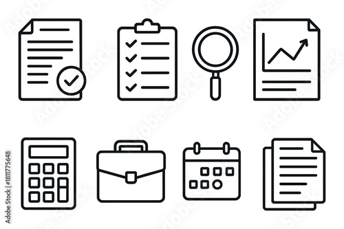 Business and office icon set with documents and calculator on gray background