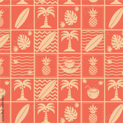 Tropical surfboard and palm tree seamless pattern with beach styled icons