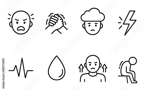 Set of eight iconic black emotion symbols: anger, sadness, pain, stress, and more
