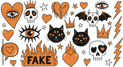 Hand Drawn Gothic Emo Doodle Sticker Set with Skulls, Hearts, Cats, Eyes, and Fire isolated PNG with Transparent Background