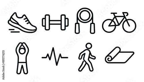 Fitness icons set: running shoes, dumbbells, jump rope, bicycle, exercise, yoga mat