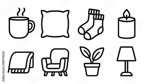 Cozy home essentials icons - mug, pillow, socks, candle, blanket, armchair, plant, lamp