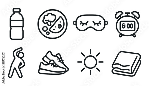 Healthy morning routine icons: exercise, nutrition, sleep, hydration, and time management