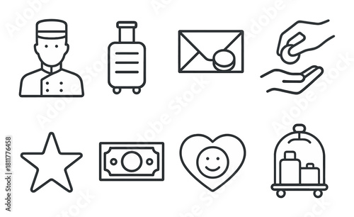 Hotel service icons featuring concierge, luggage, envelope, payment, star, money, heart, bell cart