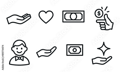 Minimalist icon set depicting human hand, money, and heart symbols
