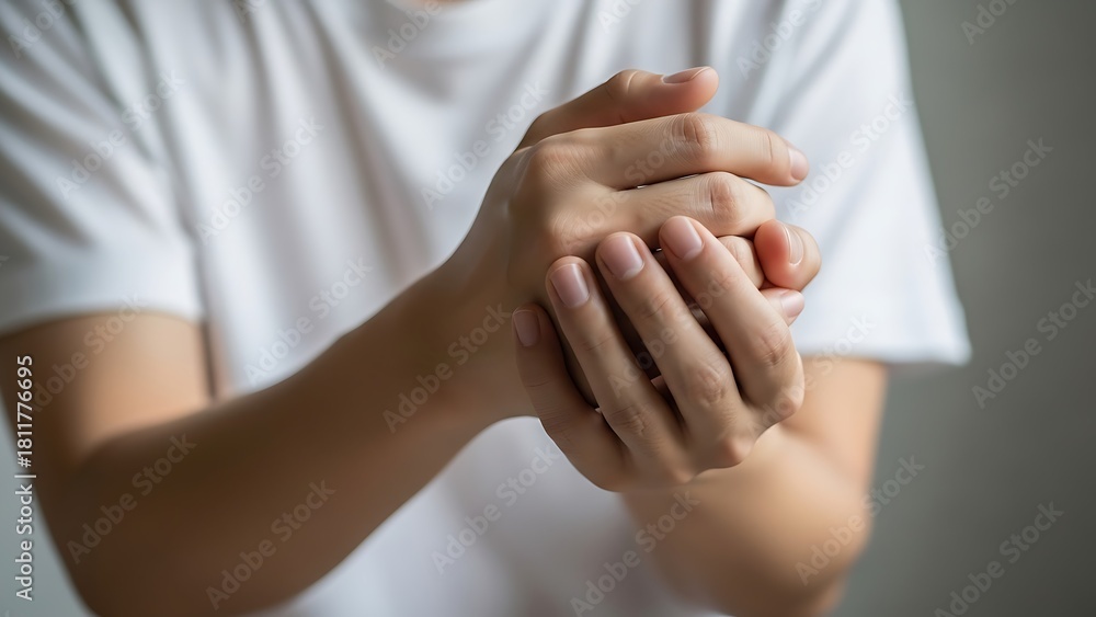 Fototapeta premium Person rubbing hands due to pain or discomfort