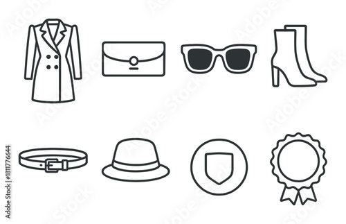 Collection of fashion icons: coat, clutch, sunglasses, boots, belt, hat, badge, award