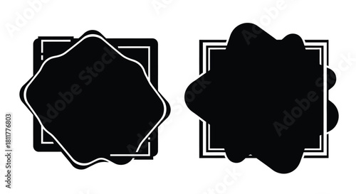 Two abstract black frames with irregular shapes and outlined squares