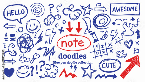 Mega Set of Hand Drawn Blue Pen Doodles and Sketch Elements Vector Collection isolated PNG with Transparent Background