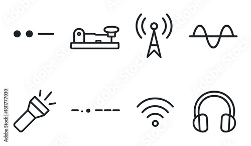Communication symbols: morse, radio, signal, wifi, headphones icons