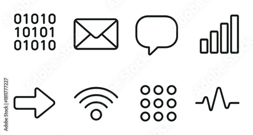 Minimalist black data communication icons on olive green background