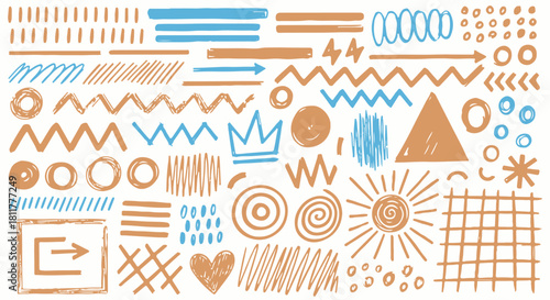 Mega Set of Hand Drawn Doodle Marker Elements and Geometric Shapes in Brown and Blue isolated PNG with Transparent Background
