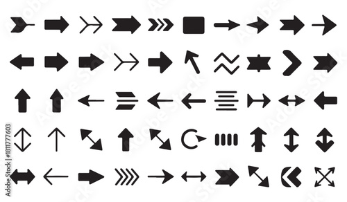  Collection of diverse black arrow shapes and pointers in silhouette