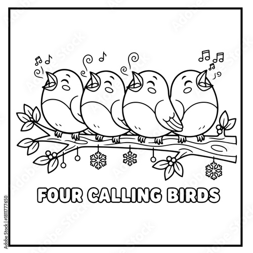 Four Calling Birds,Cute Cartoon Line Art Coloring Page