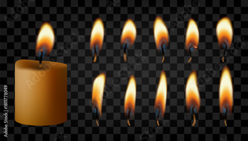 Fire vector light effect, isolated on dark transparent bg. 3d white christmas realistic candle. Glowing flames, set of lit wick. Burning wax memory candlestick. Small romantic church, gold spa sparkle