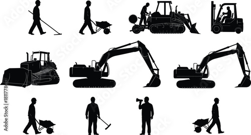 Black construction silhouettes set featuring heavy machinery, excavators, bulldozers, forklifts, and workers with tools, hard hats, wheelbarrows, and shovels for industrial vector graphic design.
