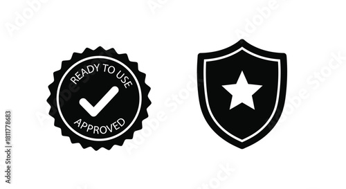 Two black and white shield icons one with a checkmark and star