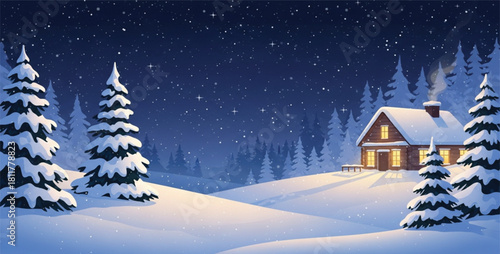 Beautiful snowy winter landscape, night sky with stars, cozy cabin with warm light, pine trees covered in snow, gentle snowfall, magical Christmas atmosphere, digital illustration with soft gradients