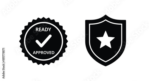 Two black icons a circular seal with a check and a star shield