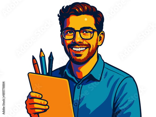 happy male artist with glasses holding a sketchpad and pencils, ideal for creative and design themes. Generative ai vector colorful pop art illustration.