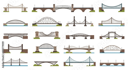 A comprehensive collection of various bridge types showcasing diverse architectural structures and engineering principles