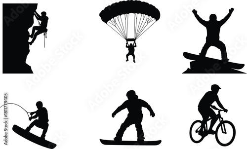 Collection of extreme sports silhouettes featuring rock climbing, parachuting, snowboarding, wakeboarding, and mountain biking, vector illustration for adventure and active 