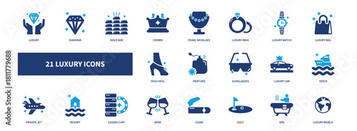 luxury icon set, solid style, vector illustration