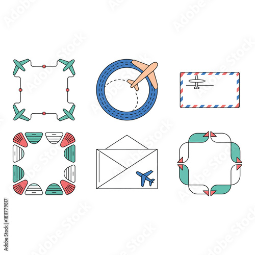 Collection of hand drawn travel themed decorative elements and borders